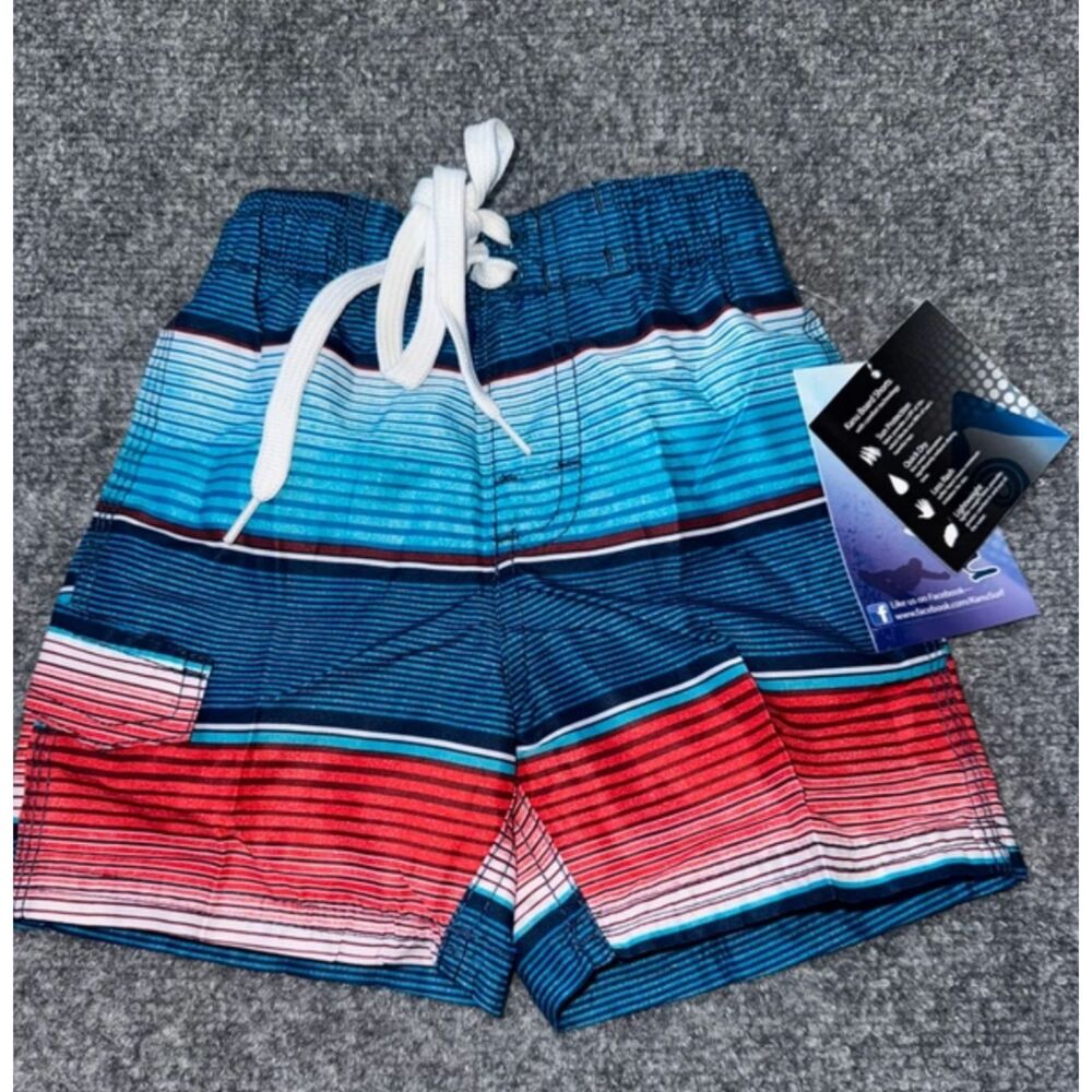 Kanu Surf Boys Size 2 Striped Swim Trunks Board Shorts Blue Red Drawstring